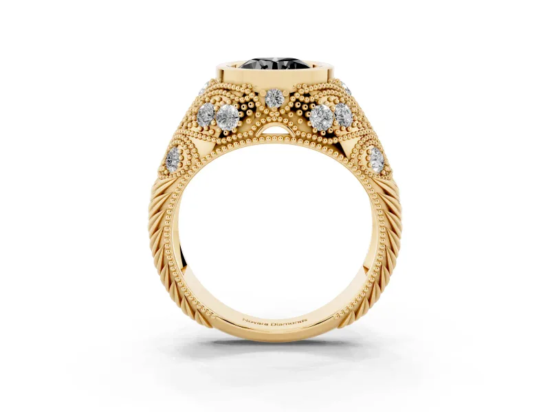 Fancy Black Round Cut Diamond Bezel Ring Set in Yellow gold with Milgrain Accent Band