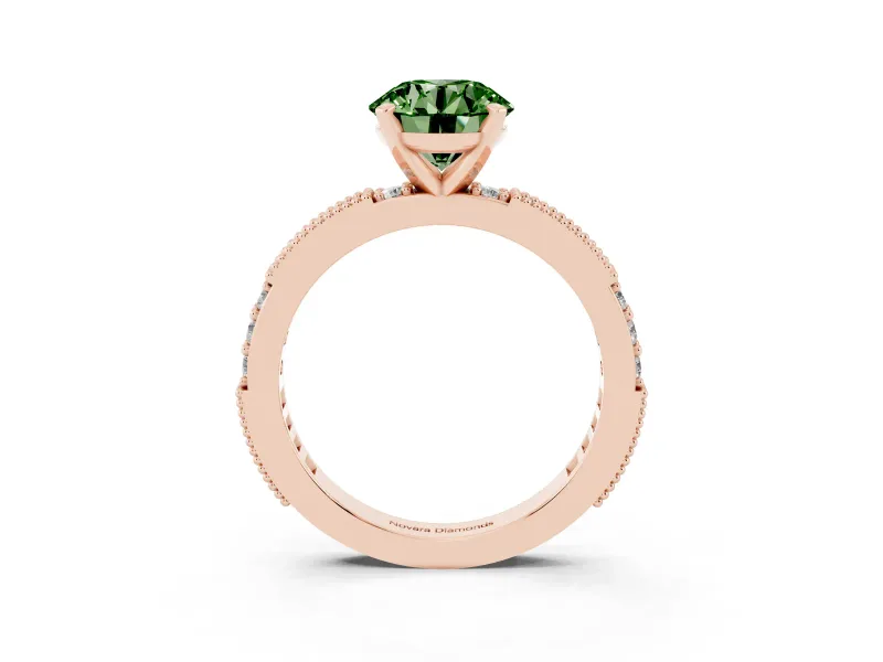 Fancy Green Round Cut Diamond Solitaire Ring Set in Rose gold with Slim Pavé Band and Prong Setting