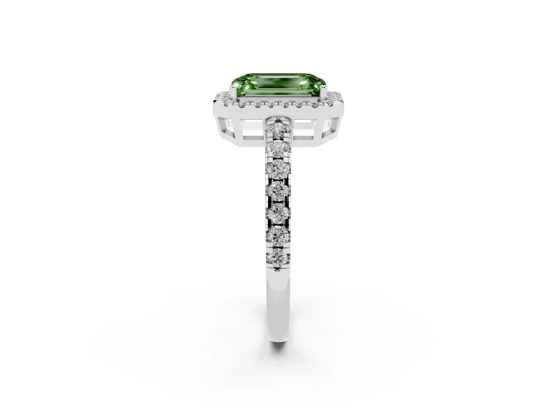 Emerald Cut Halo Engagement Ring Setting for a Fancy Green Lab-Grown Diamond | Graduated Pavé Band | Sterling Silver