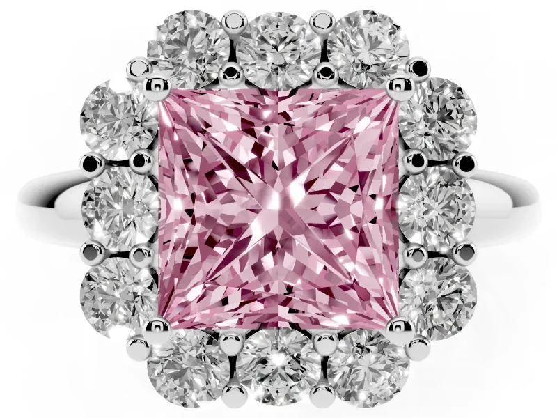 Princess Cut Graduated Milgrain Halo Engagement Ring Setting for a Fancy Pink Lab-Grown Diamond | Sterling Silver