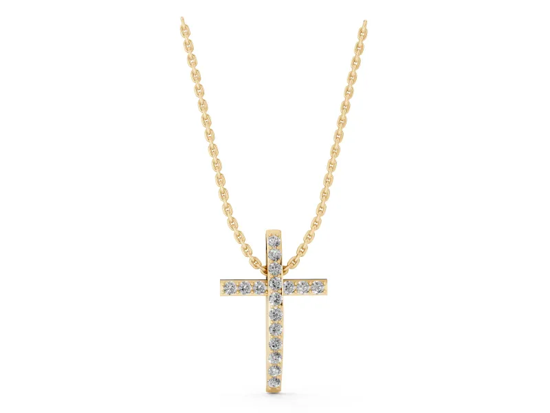 Round Lab-Grown Diamond Pavé Cross Pendant Necklace | Straight Beams | Yellow Gold