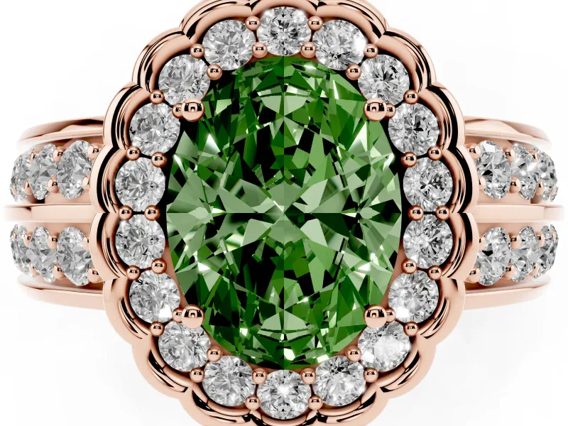 Oval Scalloped Halo Engagement Ring Setting for a Fancy Green Lab-Grown Diamond | Double Row Band | Rose Gold