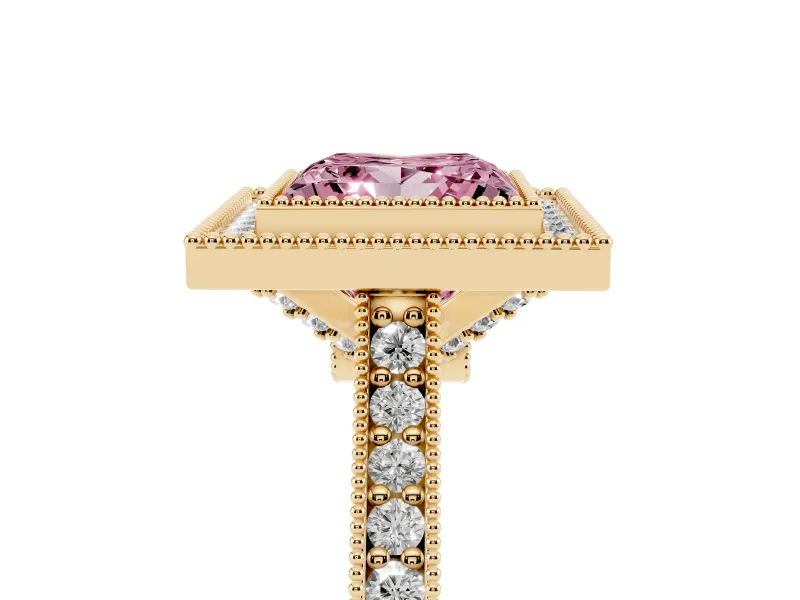 Princess Cut Vintage Milgrain Halo Engagement Ring Setting for a Fancy Pink Lab-Grown Diamond | Bezel Head | Yellow Gold