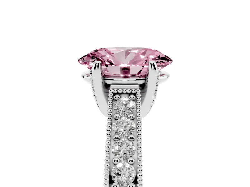 Fancy Pink Oval Cut Diamond Solitaire Ring Set in Silver with Milgrain-Edged Pavé Band and Prong Setting