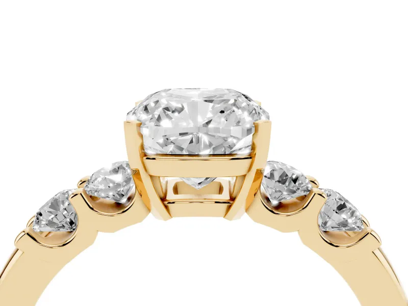 Cushion Cut Five Stone Engagement Ring Setting | Prong-Set Side Stones | Yellow Gold