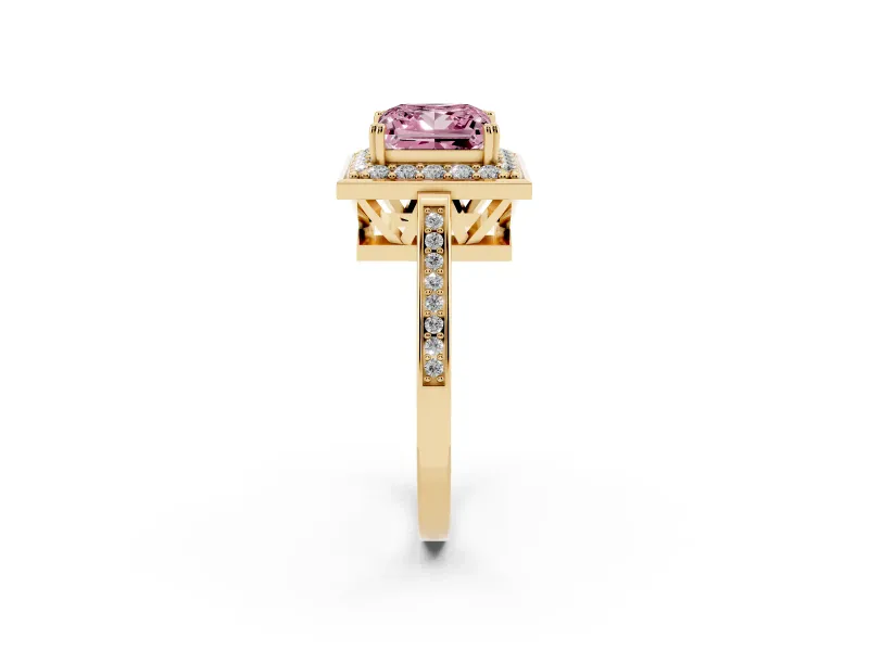 Princess Cut Halo Engagement Ring Setting for a Fancy Pink Lab-Grown Diamond | Polished Halo Rim | Yellow Gold