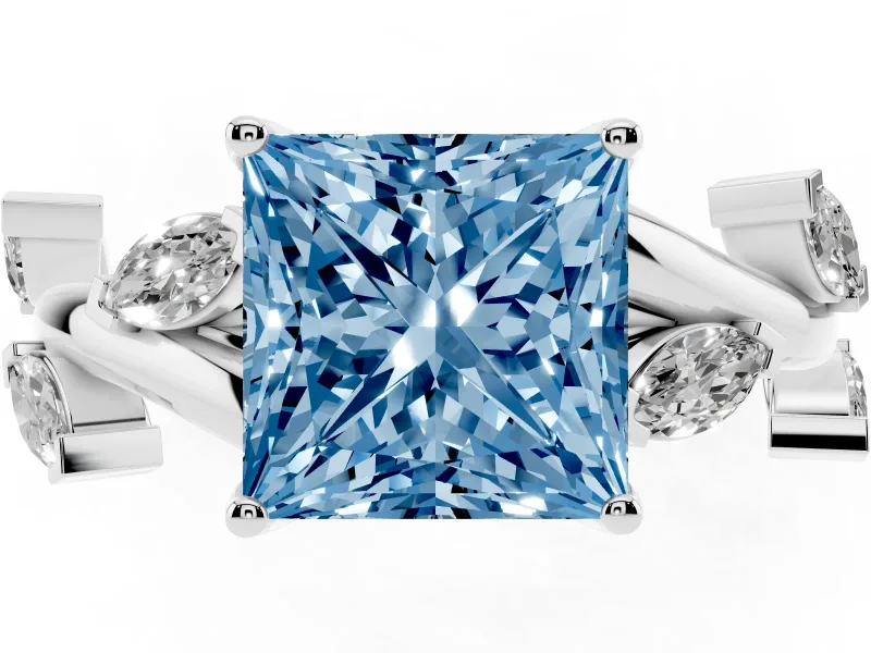 Princess Cut Twisted Vine Engagement Ring Setting for a Fancy Blue Lab-Grown Diamond | Marquise Leaves | Sterling Silver