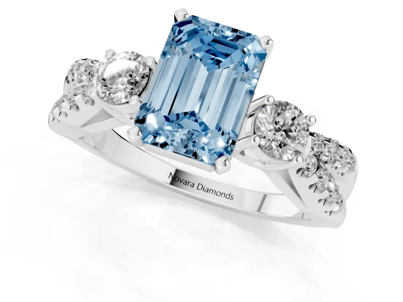 Fancy Blue Emerald Cut Diamond Three-Stone Ring Set in Silver with Pavé Split Shank and Prong Setting
