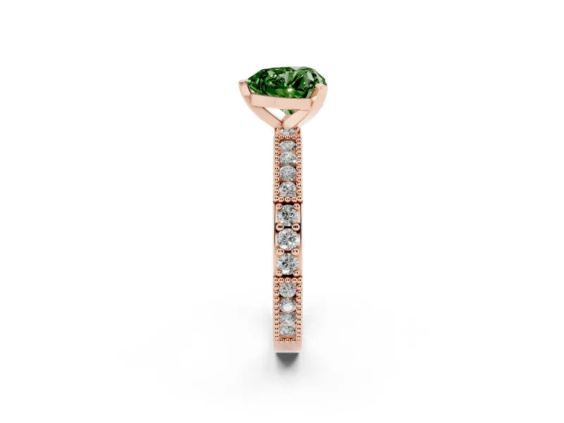 Fancy Green Heart Cut Diamond Solitaire Ring Set in Rose gold with Slim Pavé Band and Prong Setting