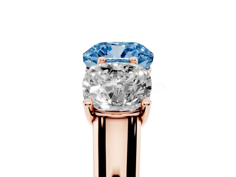 Cushion Cut Three Stone Engagement Ring Setting for a Fancy Blue Lab-Grown Diamond | Basket Prong Heads | Rose Gold