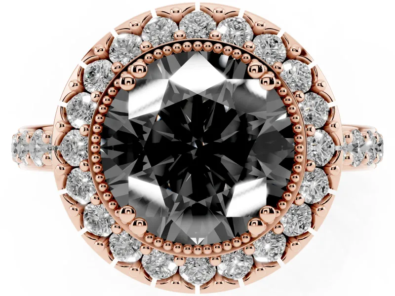Round Vintage Milgrain Halo Engagement Ring Setting for a Black Center | Pierced Gallery | Rose Gold