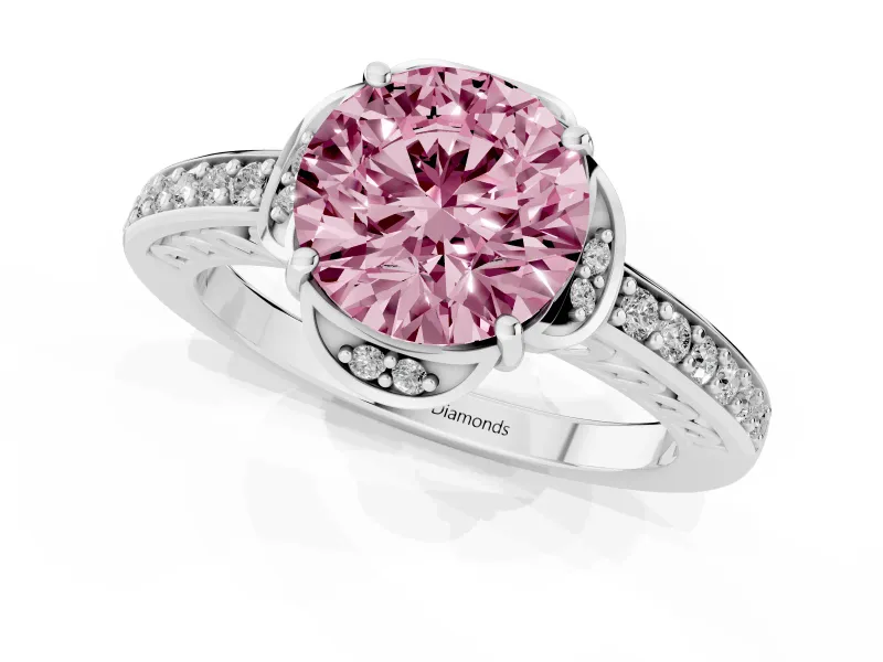 Round Floral Pavé Engagement Ring Setting for a Fancy Pink Lab-Grown Diamond | Sterling Silver