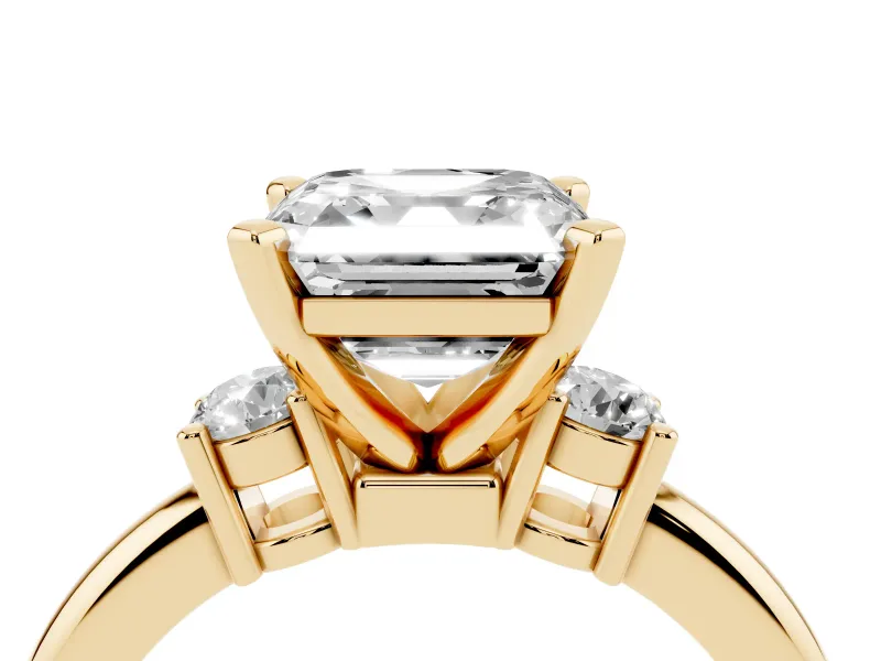 Three-Stone Asscher Cut Diamond Ring Set in Yellow gold with Prong Setting and Plain Band