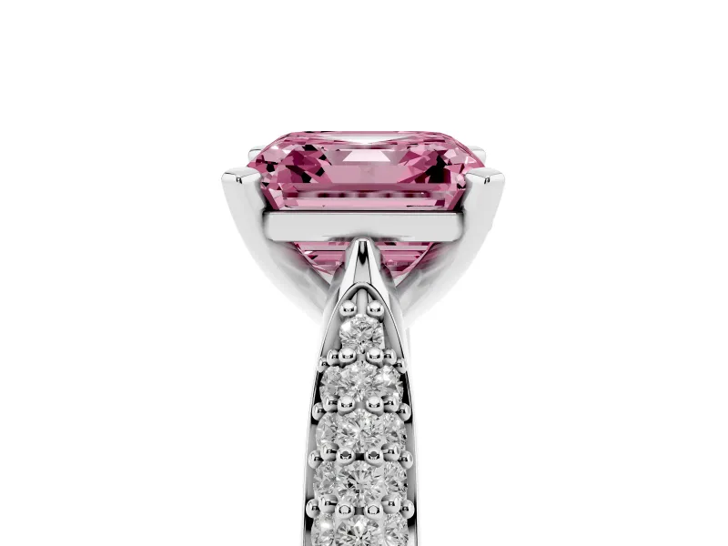 Fancy Pink Asscher Cut Diamond Solitaire Engagement Ring Set in Platinum with Multi-Row Round Pavé Band and Prong Setting