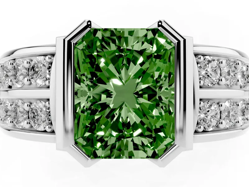 Fancy Green Radiant Cut Diamond Wide Channel Set Band Ring Set in Platinum with Bezel Setting