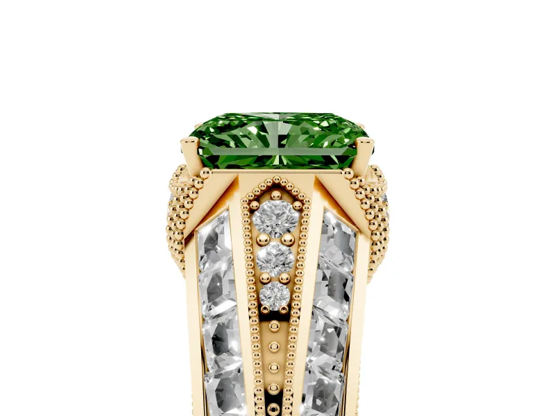 Fancy Green Radiant Cut Diamond Vintage-Inspired Milgrain Ring Set in Yellow gold with Accent Split Shank