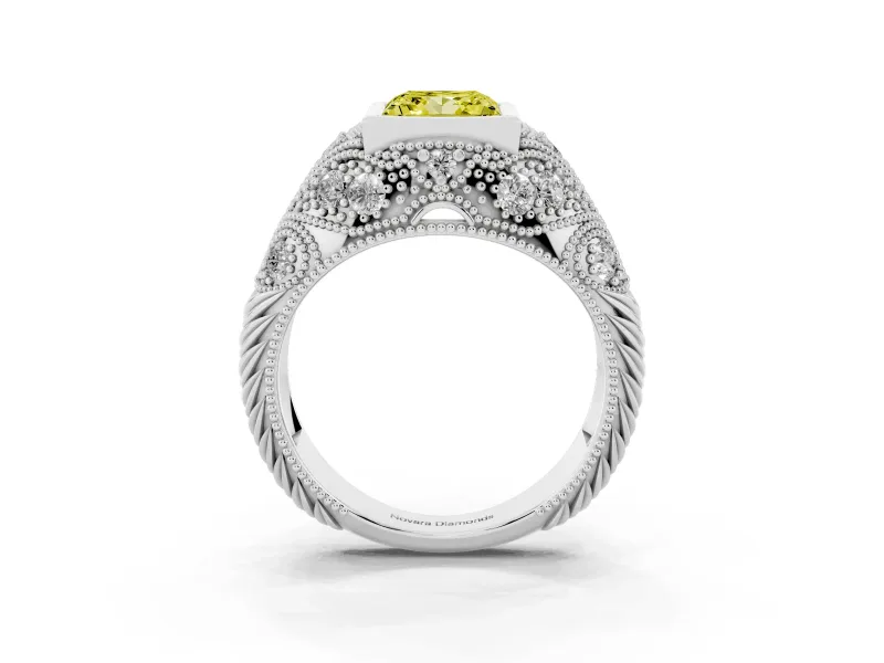 Fancy Yellow Princess Cut Diamond Bezel Ring Set in White gold with Milgrain Accent Band