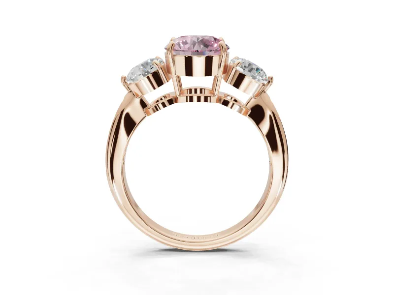 Round Three Stone Engagement Ring Setting for a Fancy Pink Lab-Grown Diamond | Tapered Pave Band | Rose Gold
