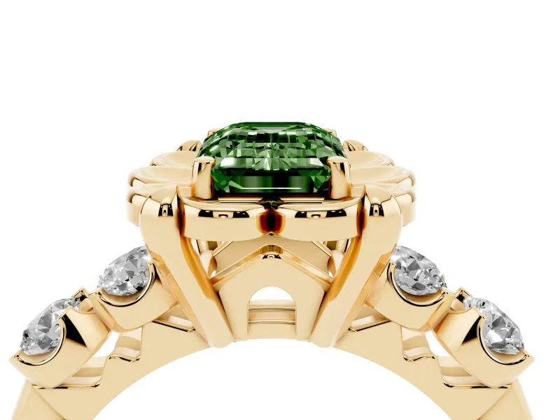 Fancy Green Emerald Cut Diamond Floral Halo Ring Set in Yellow gold with Shared Prong Band
