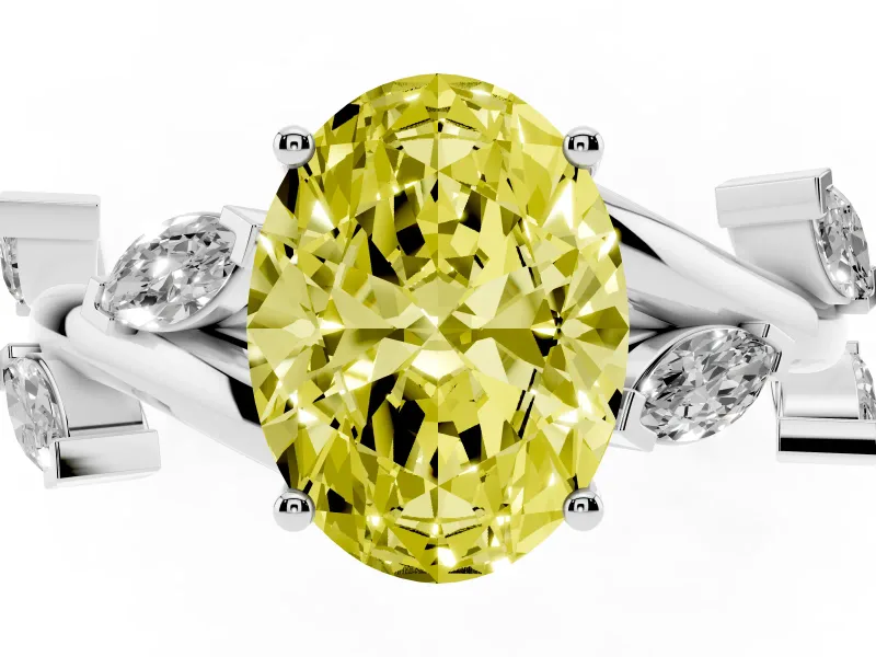 Fancy Yellow Oval Cut Diamond Solitaire Ring Set in Platinum with Twisted Marquise Accent Band
