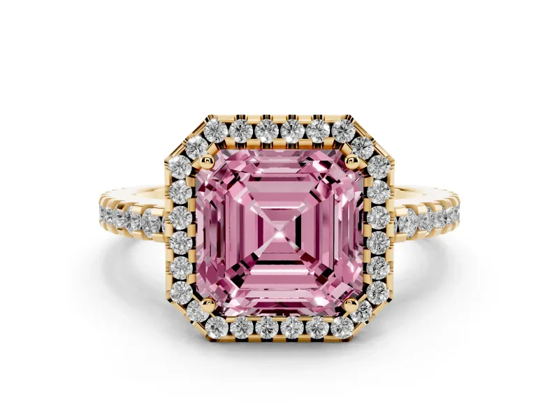 Fancy Pink Asscher Cut Diamond Halo Ring Set in Yellow gold with Pavé Shoulders and Halo-Framed Center