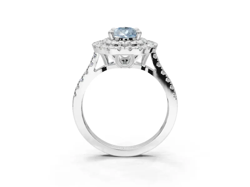 Fancy Blue Pear-Shaped Lab-Grown Diamond Double Halo Statement Ring Set in Sterling Silver with Pavé Band