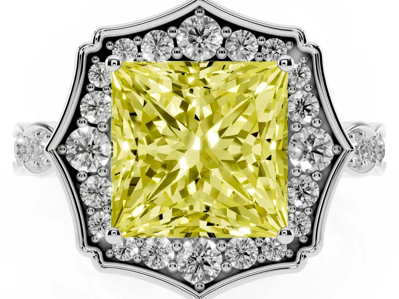 Princess Cut Scalloped Halo Engagement Ring Setting for a Fancy Yellow Lab-Grown Diamond | Pave Band | White Gold