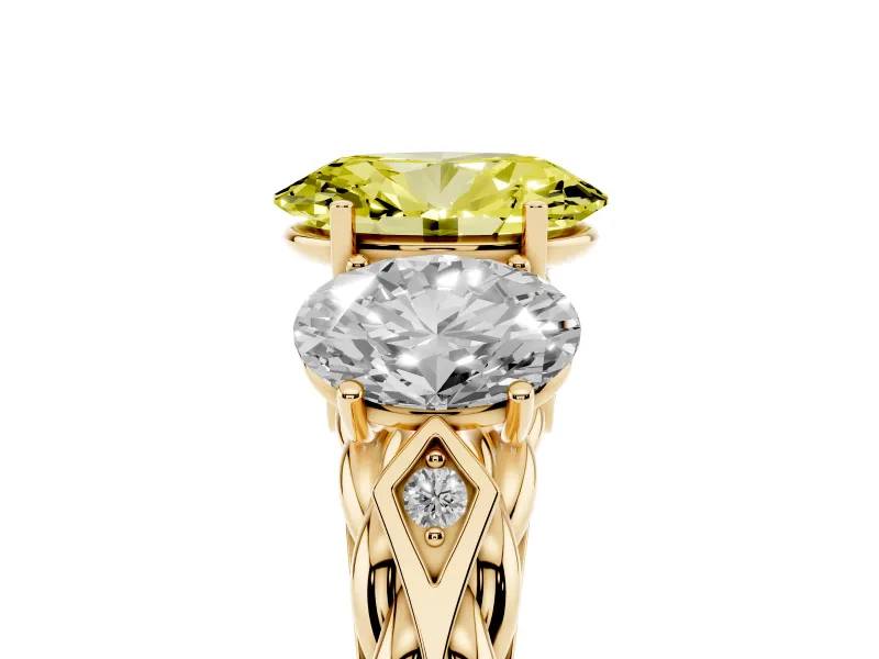 Fancy Yellow Oval Cut Diamond Three-Stone Ring Set in Yellow gold with Braided Band