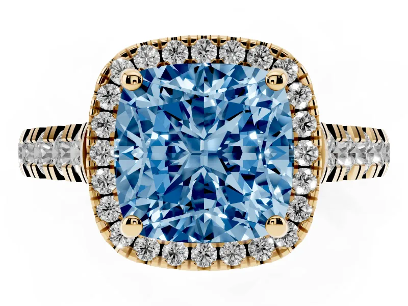 Cushion Cut Accented Halo Engagement Ring Setting for a Fancy Blue Lab-Grown Diamond | Yellow Gold