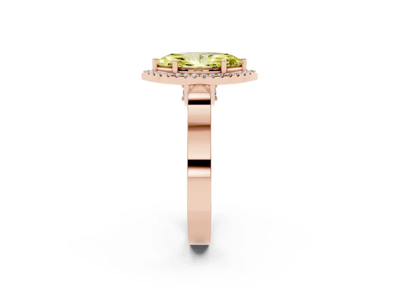 Fancy Yellow Marquise Cut Diamond Halo Ring Set in Rose gold with Pavé-Lined Split Shank Band
