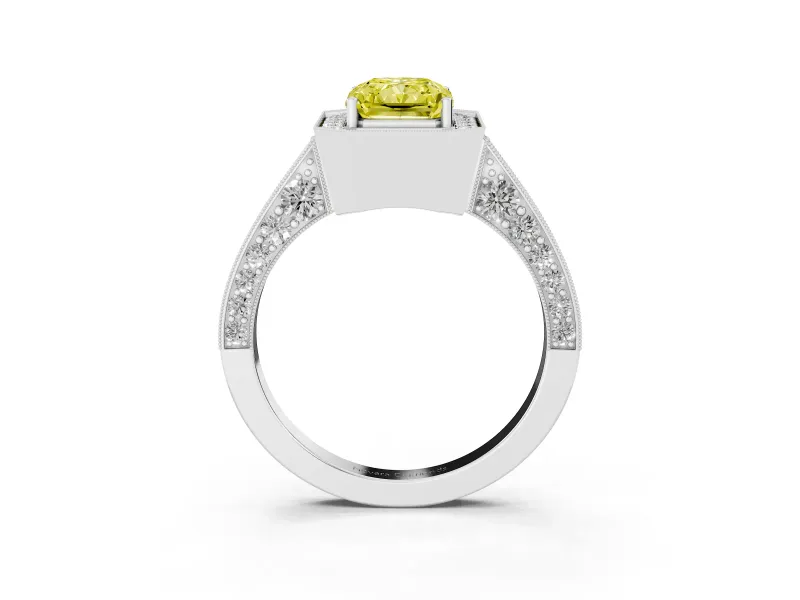 Radiant Cut Milgrain Halo Engagement Ring Setting for a Fancy Yellow Lab-Grown Diamond | Side Stones | White Gold
