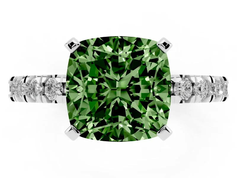 Fancy Green Cushion Cut Diamond Pavé Band Solitaire Set in Platinum with Prong Setting