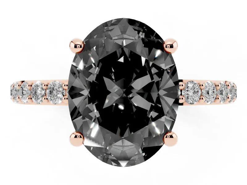 Fancy Black Oval Cut Diamond Solitaire Ring Set in Rose gold with Round Pavé Band and Prong Setting