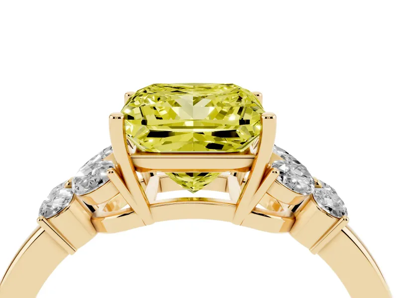 Fancy Yellow Princess Cut Diamond Solitaire Floral Ring Set in Yellow gold with Marquise Petals and Prong Setting