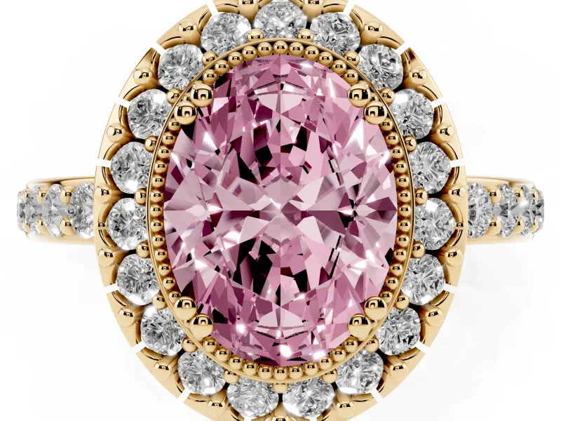 Fancy Pink Oval Cut Diamond Halo Ring Set in Yellow gold with Pavé Shank and Prong Setting