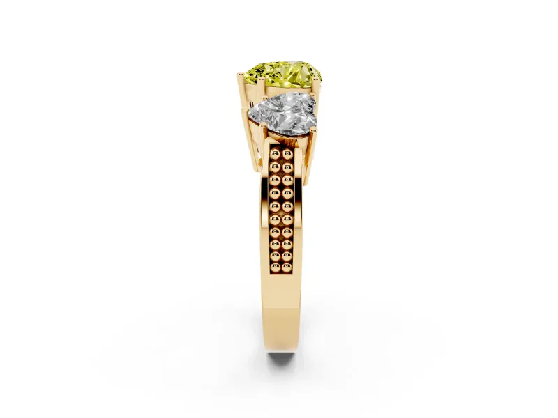 Heart-Shaped Three Stone Engagement Ring Setting for a Fancy Yellow Lab-Grown Diamond | Beaded Shoulders | Yellow Gold