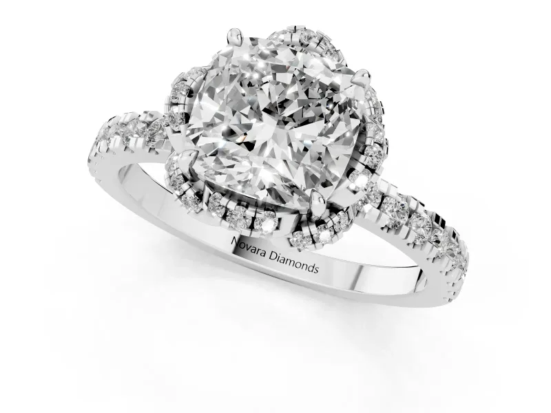 Cushion Cut Floral Petal Halo Engagement Ring Setting | Pavé Band | White Gold