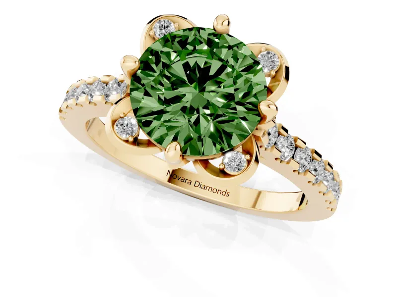 Round Floral Engagement Ring Setting for a Fancy Green Lab-Grown Diamond | Pavé Band | Yellow Gold