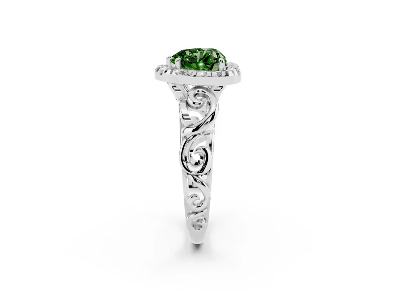 Fancy Green Heart Cut Diamond Halo Ring Set in White gold with Scrollwork Band and Prong Setting