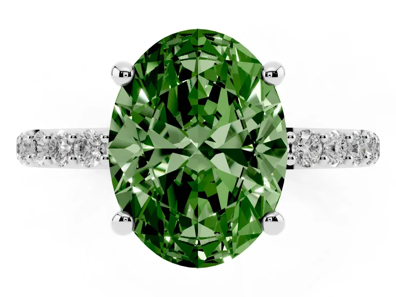 Fancy Green Oval Cut Diamond Solitaire Ring Set in White gold with Round Pavé Band and Prong Setting