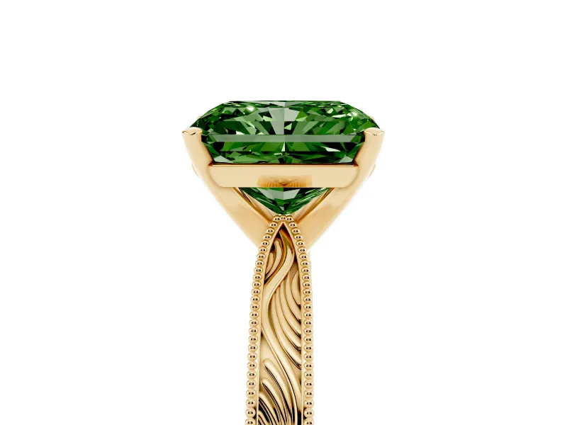 Fancy Green Radiant Cut Diamond Solitaire Milgrain Engraved Band Set in Yellow gold with Prong Setting