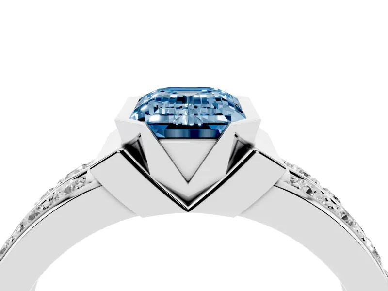 Emerald Cut Half Bezel Engagement Ring Setting for a Fancy Blue Lab-Grown Diamond | Double Row Channel Band | White Gold