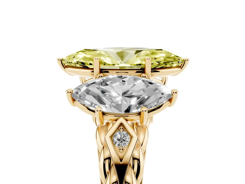 Fancy Yellow Marquise Cut Diamond Three-Stone Ring Set in Yellow gold with Braided Band