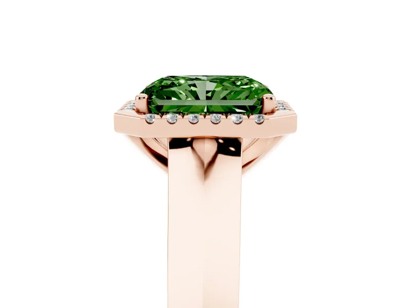 Radiant Cut Knife-Edge Halo Engagement Ring Setting for a Fancy Green Lab-Grown Diamond | Rose Gold