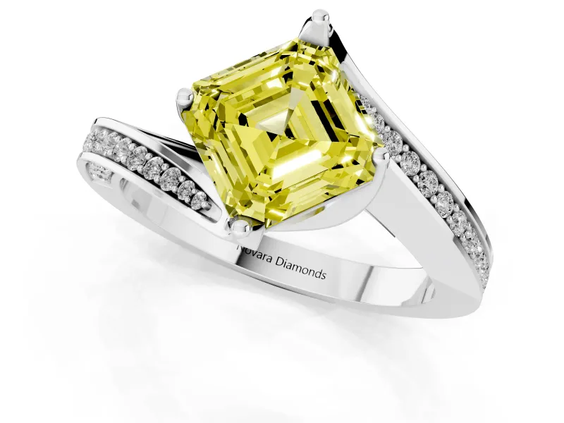 Fancy Yellow Asscher Cut Diamond Solitaire Ring Set in Platinum with Intertwined Pavé Twist Band
