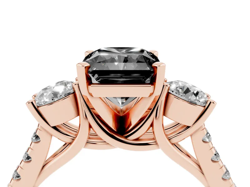 Radiant Cut Three-Stone Engagement Ring Setting for a Black Center | Pavé Shoulders | Rose Gold