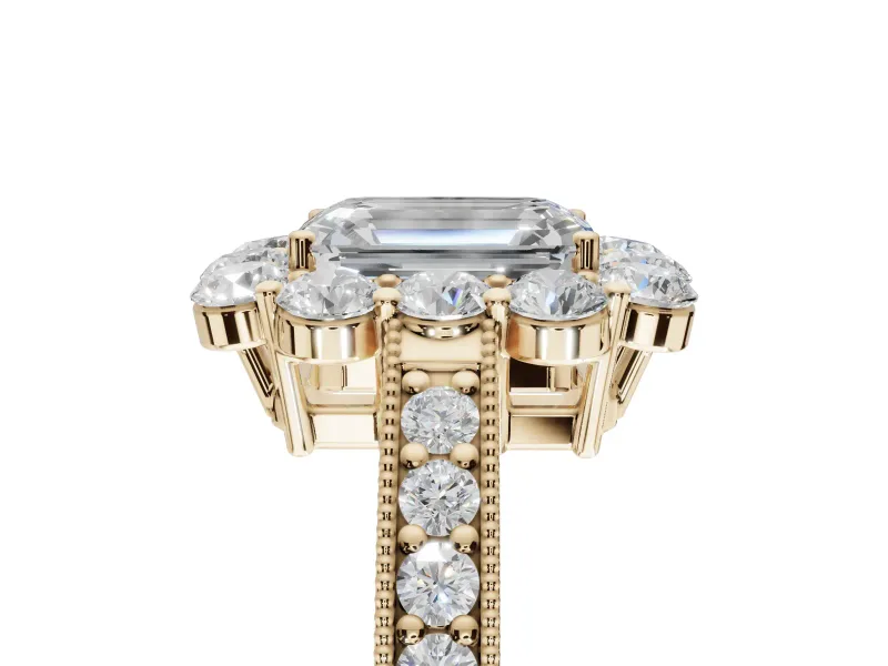 Emerald Cut Vintage Halo Engagement Ring Setting | Milgrain Channel Band | Yellow Gold