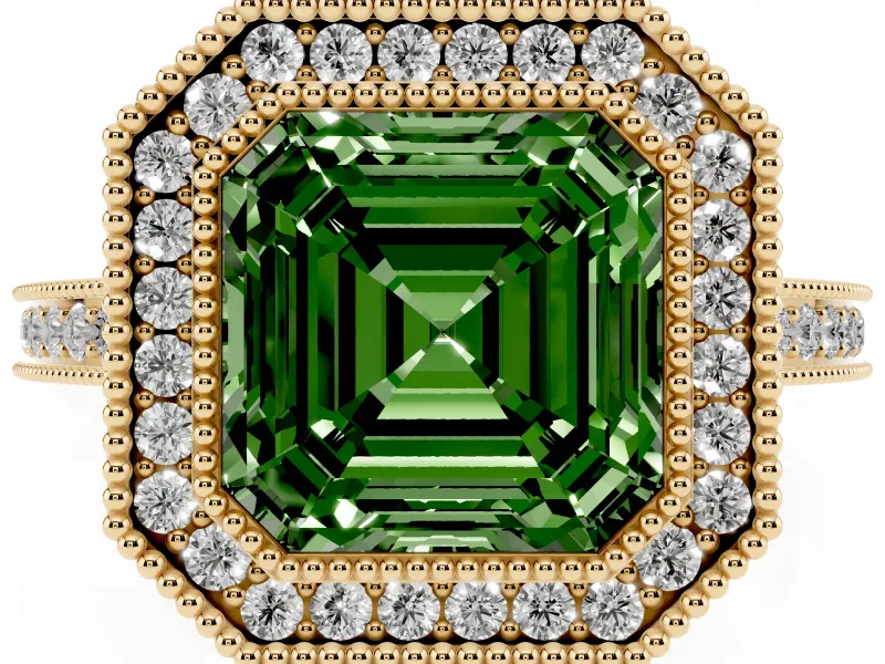 Asscher Cut Milgrain Halo Engagement Ring Setting for a Fancy Green Lab-Grown Diamond | Yellow Gold