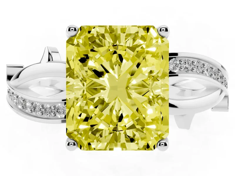 Fancy Yellow Radiant Cut Diamond Pavé Twist Band Solitaire Ring Set in White gold with Prong Setting