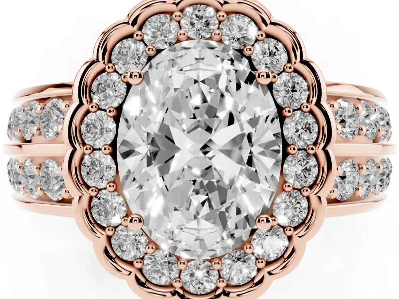 Oval Cut Diamond Scalloped Halo Ring Set in Rose gold with Pavé Split Shank